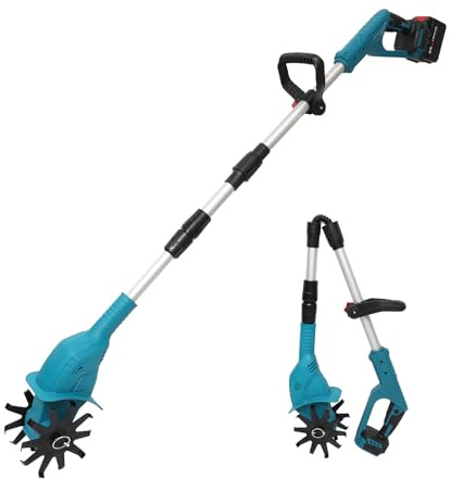 Motobineuse Électrique sans Fil,21V Portable Sans Brosse Motoculteur,360RPM,Manche Amovible,Largeur/Profondeur de Travail 20/15cm,15cm Tête de Couteau Double,Cultivateur pour Potager (C-Sans Batterie)