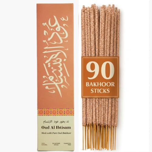Oud al Ibtisam Incense Sticks by Dukhni |90 floral agarwood incense sticks | Charcoal Free, Non toxic 50-60min burn time Bakhoor sticks | Long lasting Arabian Oud Incense sticks for Prayer & Relaxation