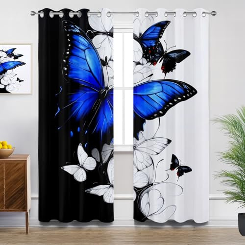 Generisch Vorhänge Blickdicht Schmetterling - Verdunklungsvorhänge mit Ösen Schwarz Weiß Modern Art Wohnzimmer Gardinen Vorhänge Schlafzimmer Küchengardinen Decor - 2er Set - H160 x B140cm