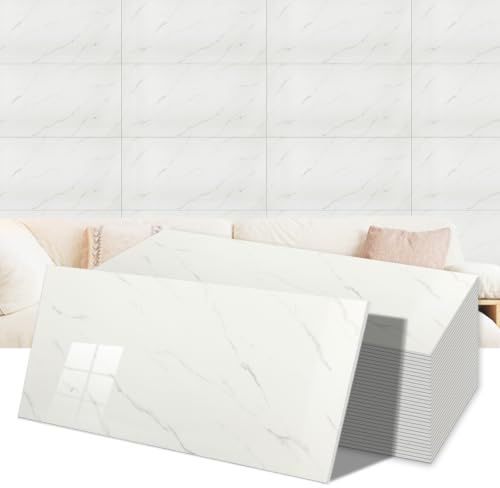 Putentfun 10 Stück Marmor Selbstklebende Fliesen, Klebefliesen Küche, Weiß Fliesenaufkleber bad 30x60cm für Küche Küchenrückwand Esszimmer Badezimmer Fliesenfolie Deko