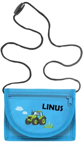 minimutz Geldbörse Kinder personalisiert, Kindergeldbeutel mit Name, Brustbeutel Traktor Jungen (hellblau)