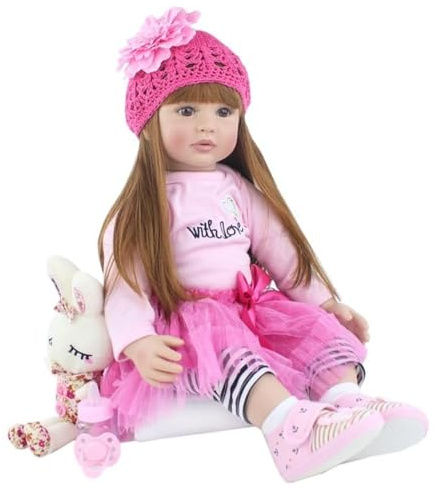 24Zoll 60cm Reborn Babys Weiches Silikon-Vinyl Lebensechte Reborn Puppen Kleinkind Neugeborene Echte Babypuppe mit magnetischer Attrappe Lange Braune Haare