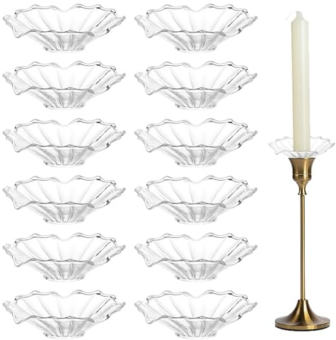 12 Stück Tropfenfänger für Kerzen, Kerzen Tropfenfänger, Gläser Kerzen Tropfenfänger für Stabkerzen, Glas Stabkerzen, Klar für Hochzeit Wohnzimmer, Klarer Muschelrand