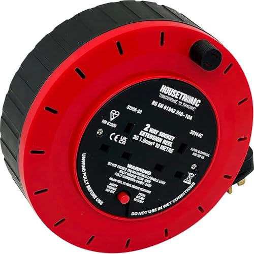 Housetronics 2 Way Gang 10 Meter Extension Reel Heavy Duty Lead Cable Mains Socket 10 AMP Rated Cable, Suitable for Indoor & Outdoor Use | Appliance Connecter
