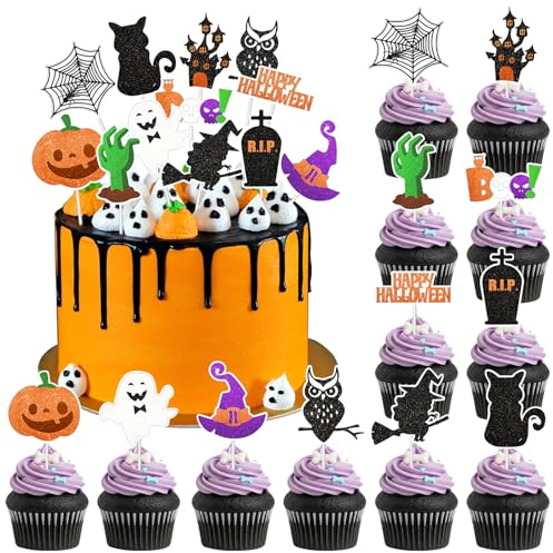 Colorich 48 Stück Tortendeko Halloween Deko Kuchen Cupcake Topper, Happy Halloween Tortendeko Glitzer Gruselig Muffin Deko für Halloweenparty Horror Themed Party