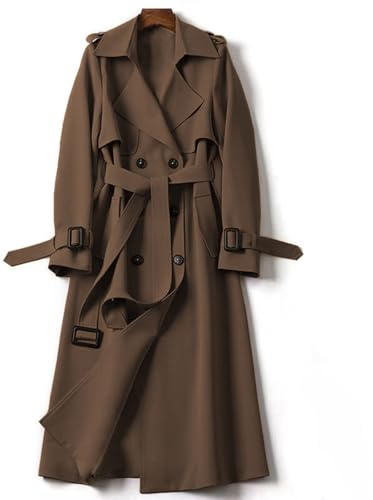 Generisch Damen Trenchcoat Langmantel mit Zweireiher Knöpfen Elegant Reverskragen Übergangsjacke Herbstmantel Vintage Stil Windbreaker Jacke Winddicht Outdoor Mantel Windjacke