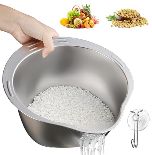 Rice Washer Strainer, 304 Stainless Steel Rice Washing Bowl with Colander for Cleaning Fruits Vegetables and Beans 27cm