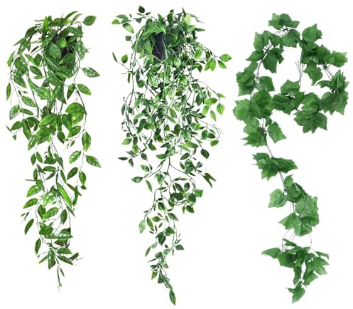 3 plantas artificiales colgantes de 95 cm, sin mantenimiento, plantas artificiales, vid, plantas verdes, plantas de plástico para interiores y exteriores (2, hiedra + hoja de sandía + hoja de parra)