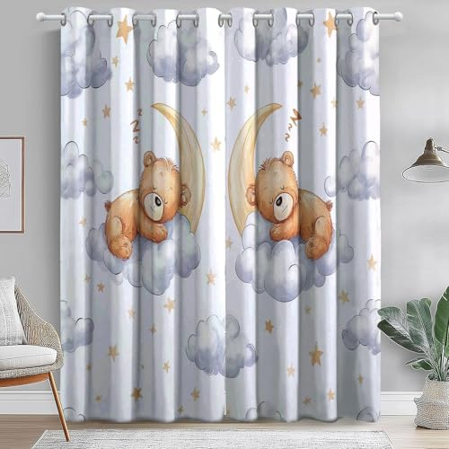 DSRDRFG Kinder-Bären-Verdunkelungsvorhänge 53x137cm (BxH) Cartoon Niedlicher Baby-Teddybär Mond Sterne Wolken Aquarell Tier Blickdicht Gardinen für Baby Mädchen Jungen Schlafzimmer, 2er Set