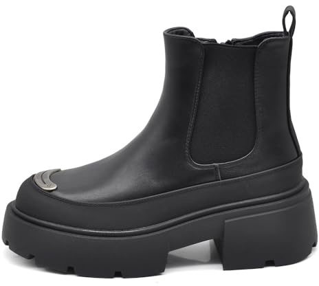 IF Stivaletti Chelsea Donna Punta Rinforzata con Suola Chunky Tacco Largo Plateau Platform stile Punk Roke GL50 nero N.37