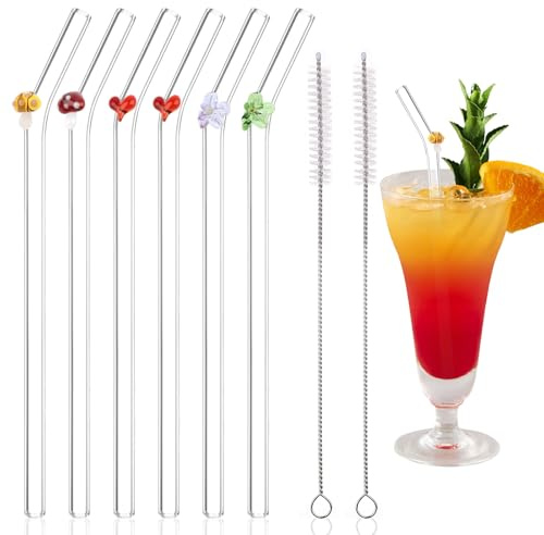 Glasstrohhalme Wiederverwendbar, 6 Stück Strohhalme Glas Gebogen mit 2 Stück Reinigungsbürsten, Trinkhalme Glas Lang für Säfte, Cocktails, Smoothie, Milch, Kaffee
