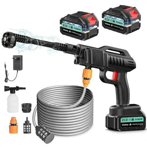 Teodute 21V 80Bar 360L/H Hidrolimpiadora Bateria,6 en 1 Ajustable Boquilla Pistola de Agua a Presión con 5M Manguera y 2 Baterías, para Coche Patio Jardín Limpieza de Suelos Riego