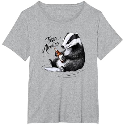 Tasso Alcolico Divertente Animale Beve Birra Maglietta, Donna Plus-Size, Grigio Melange, 6X