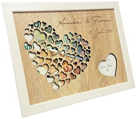 Personalisiertes Geldgeschenk Hochzeit aus Holzdekor Eiche im Rahmen – Herzmotiv – Bilderrahmen Geldgeschenk mit Namen & Datum – Hochzeitsgeschenk, Jubiläum, Taufe, Geburtstag