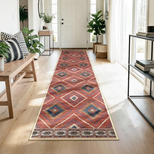 DEFYNEE Teppich Läufer Flur 80 x 240 cm, rutschfest Küchenläufer, Kurzflor Teppichläufer, Waschbar, Faltbar, Boho Design – für Flur, Küche, Wohnzimmer & Büro, Rot
