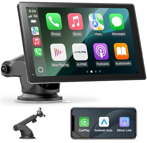 7 Pulgadas Pantalla Coche de Carplay Android Auto Inalambrico,Pantalla Táctil Portátil Radio Coche,Bluetooth,Mirror Link,Control por Voz,Navegación GPS,FM Transmisor,AUX,Airplay