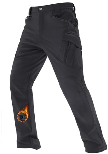 TACVASEN Winter Trousers Mens Waterproof Softshell Trousers Fleece Snow Ski Warm Skiing Trousers Pockets, 36, Black