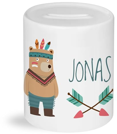 GRAZDesign Spardose Kinder Jungen mit Namen Indianer, Geldgeschenk personalisiert zur Einschulung, Taufe, Geburtstag, Weihnachten, Sparschwein