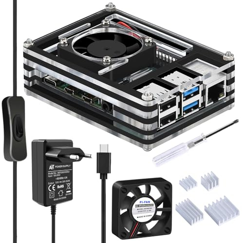 GeeekPi Gehäuse für Raspberry Pi 4, 5V 3.6A USB C Netzteil mit EIN/AUS Schalter,Pi4 Lüfter & 4PCS Aluminum Kühlkörper für Raspberry Pi 4 Modell B 1GB /2GB /4GB /8GB