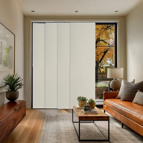 CHICOLOGY Blackout Sliding Door Panel Track Vertical Blinds, Movie Night White, Adjustable 46-86 in W, Trim-to-Fit 0-96 in H, 4 Panels, Wand Control, Room Divider for Patio Doors & Large Windows