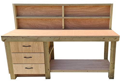 Wooden Workbench Eucalyptus Hardwood Top with 3x Drawer Tool Cabinet - Storage Shelf and Back Panel (5ft)
