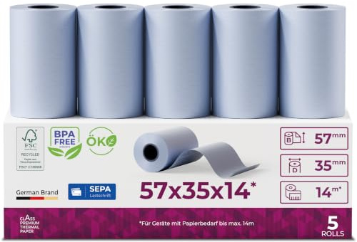 ÖKO EC-Cash-Rollen | Thermorollen 57mm x 14m x 12mm | Kassenrollen | Thermopapier | Bonrollen für Bankomat | Kredit-Kartenlesegeräte (57x35x12) - mit SEPA-Lastschrifttext (5 Rollen)