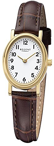 REGENT Damenuhr mit Kroko Look Lederband Edelstahl Quarz Ovales Gehäuse 22 MM Durchmesser Arabische Zahlen