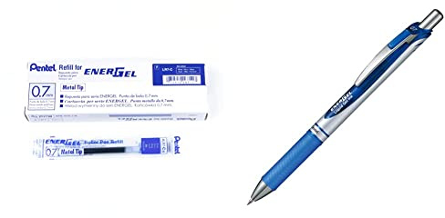 Pentel LR7-CX Nachfüllmine für EnerGel-Stifte, 0,7 mm Kugelspitze, blau, 12 Stück & BL77-CO EnerGel Gel-Tintenroller mit Druckmechanik, 0,7 mm Kugeldurchmesser = 0,35 mm Strichstärke, 1 Stück, blau