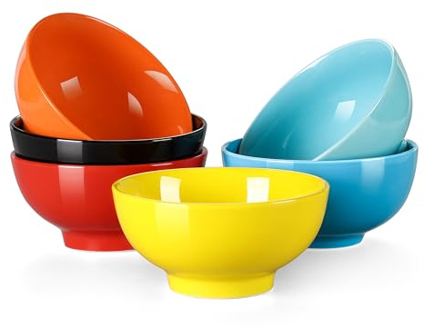 LOVECASA, Series Sweet, Cereal Bowl, Soup Bowl, Set of 6, Various Colours Porcelain Ramen Bowl, Salad Paste Bowl for Ice Cream/Snack/Dip/Fruit/Pudding or Dessert Capacity of 660ml