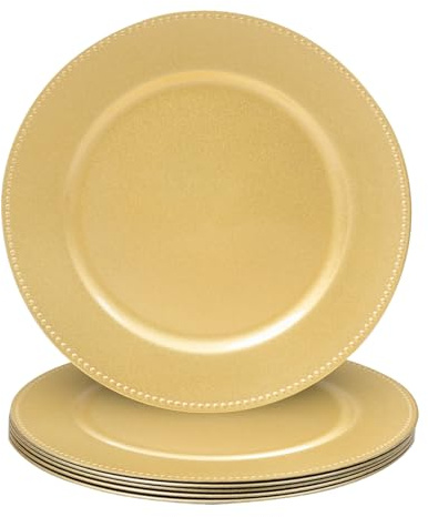 MAONAME 13 Gold Charger Plates Set of 6, Round Charger for Dinner Plates, Plate Chargers with Beaded Rim, Plastic Table Chargers for Wedding, Party