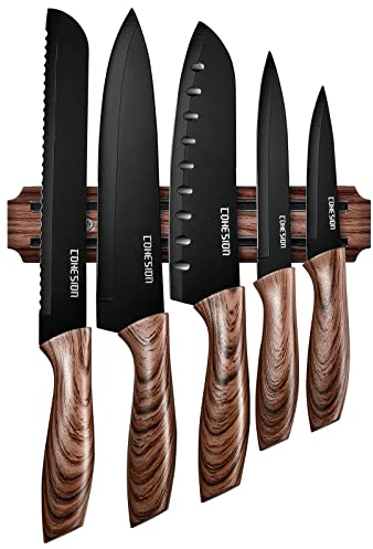 Cohesion 5 PCS Kitchen Knife Set with Magnetic Knife Holder for Wall, Ultra Sharp Chef Boxed Knife Set With Sheathes for Multipurpose Cooking with Ergonomic Handle