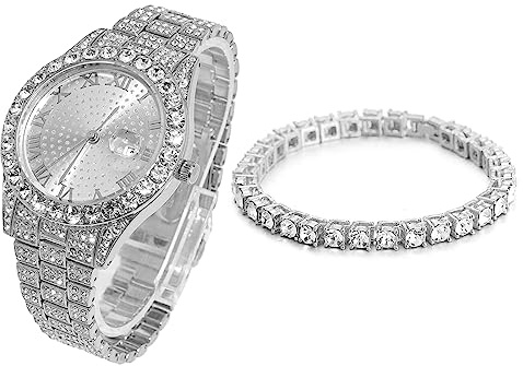 HALUKAKAH Diamanter Iced Out guldklocka, män guldpläterad 18k äkta guld/vit platina kvarts armband 24 cm rund urtavla, med tenniskedja halsband och armband alternativ, levereras med