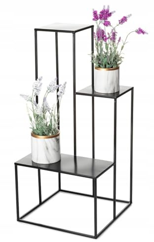HowHomely 3-stufige Metall Blumentreppe - Schwarz Pflanzentreppe 85 cm Hoch - Blumenregal mit 2 kleineren und 1 breiteren Platte - Blumenständer für die Innendekoration