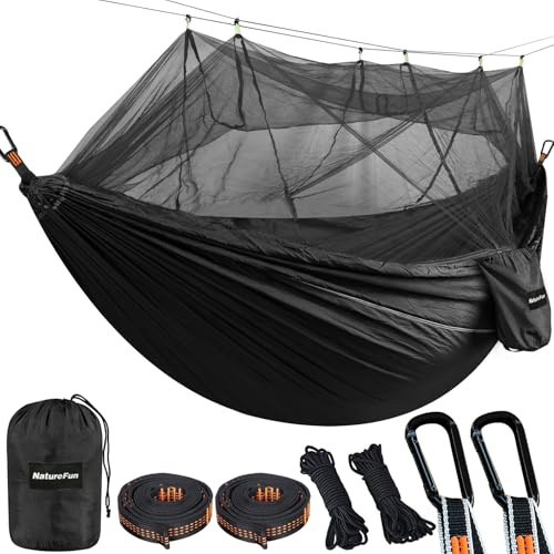 NatureFun Ultralätt hängmatta för resor camping | 300 kg lastkapacitet (300 x 200 cm), ventilerande, snabbtorkande fallskärms-nylon | 2 x kvalitets karbinhakar, 4 x nylonremmar ingår