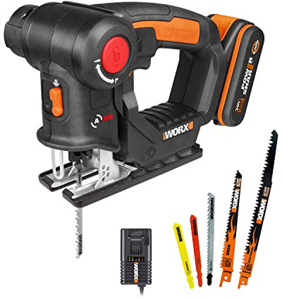 WORX 18V(20V MAX) Multi Purposed Saw WX550.4 Jigsaw & Reciprocating Saw 2-in-1, Quick Blade Change, LED Light, Variable Speed Control, 5* Blades, PowerShare, 1 * 2.0Ah Battery, 1 * 2A Charger