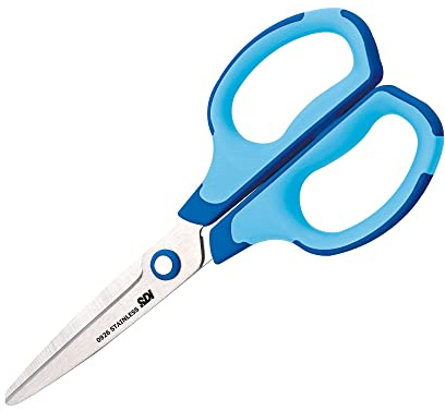 Tijera Soft Touch de 17 cm con Asas ligeras y Cómodas en caucho, apta zurdos y diestros, puntas redondeadas de seguridad en Acero Inoxidable, Resistentes y duraderas por SDI by Office box. (Azul)
