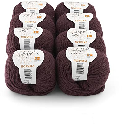 ggh Norvika Box - Schurwolle MIschung - 8x50g Knäuel (insgesamt 400g) - Wolle zum Stricken oder Häkeln Farbe 007 - Aubergine