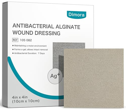 Dimora Upgrade 10 Packs Silver Antibacterial Alginate Wound Dressing Pads，Non-Stick Sterile Gauze，Highly Absorbent & Comfortable，4'' x 4'' Patches