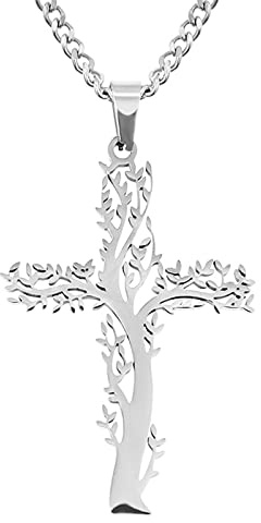 JewelryWe Schmuck Herren Halskette, Edelstahl Retro Lebensbaum Baum des Lebens Runden Anhänger mit 55cm Link Kette, Gold/Silber