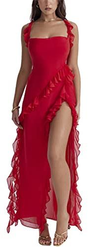 Robe longue sexy à volants et pompons sans manches avec ourlet floral 3D irrégulier en maille transparente avec bretelles spaghetti dos nu, Rouge, S