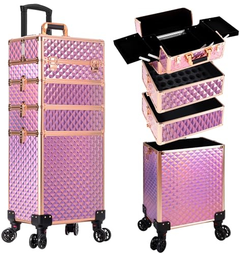 AROUS Rolling Makeup Train Case 4 in 1 Cosmetology Case on Wheels Large Storage Cosmetic Trolley with Key Salon Barber Case Traveling Cart Trunk