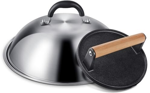 Griddle Accessories for Blackstone, Commercial Grade 12 Inch Heavy Duty Round Melting Dome with 7 Round Cast Iron Grill Burger Bacon Press, Perfect for Blackstone Camp Chef Flat Top Griddle Grill