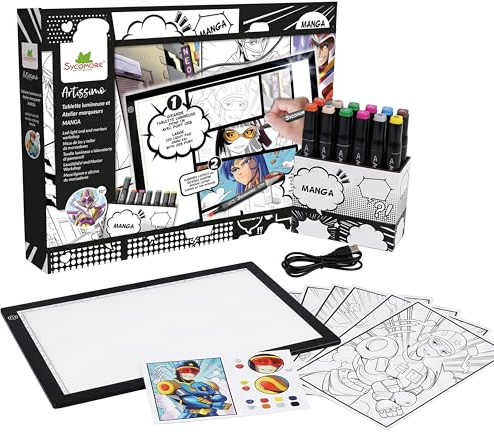 Sycomore | Artissimo XXL Tablette Lumineuse Manga | Kit Créatif 10 Ans+ | Crée tes propres mangas : tablette A4, 3 intensités lumineuses | 10 marqueurs double pointe | 12 papiers layout inclus