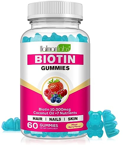 biotin haarwachstum ergänzen 10.000 mcg 60 gummis - kaubare ergänzung für gesunde haut, haare & nägel - haar vitamine für wachstum und haarausfall mit kokosnussöl, vitamin b6, c, & e