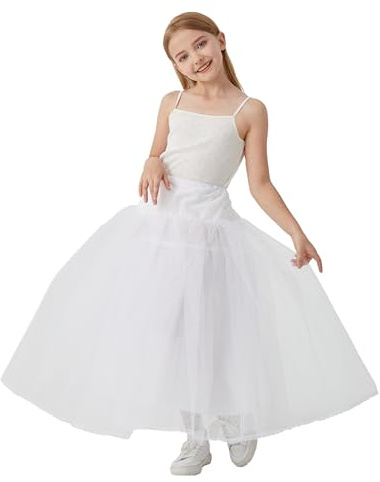 Girls Long A-line Tulle Lace Underskirt Hoopless Petticoat Slips (31.4 inches)