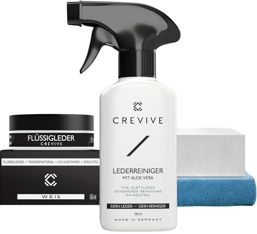 CREVIVE Flüssigleder Weiß 50 ml & Lederreiniger 250 ml Set für Sofa, Auto | Lederreparatur für Kratzer, Risse & Abschürfungen – für Ledercouch, Sofa, Möbel, Autositze, Taschen & Jacken aus Glattleder
