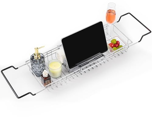 TAILI Vassoio da bagno in acciaio inossidabile, vassoio estensibile per vasca da bagno regolabile per vasca da con candele, bicchieri da vino