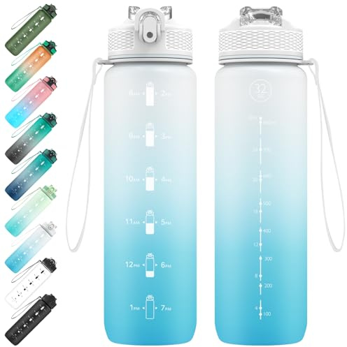 EYQ 1L Water Bottle, 1 Litre Water Bottle with Straw, 32oz Leak-Proof Motivational Sports Drinks Bottle with Time Marker, Tritan BPA-Free, Drinking Waterbottles for Fitness, School, Gym Outdoor Sports