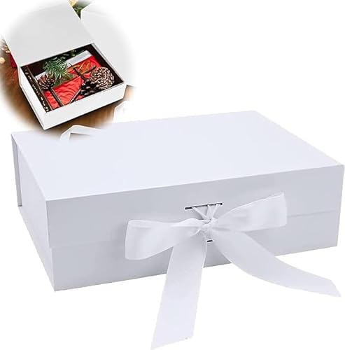 Magnetische Geschenkkarton mit Deckel, Geschenkbox mit Schleife, Wiederverwendbare Geschenk Verpackungsbox,Geeignet für Geburtstage, Hochzeiten, Jubiläen, Weihnachten und mehr (Weiss)