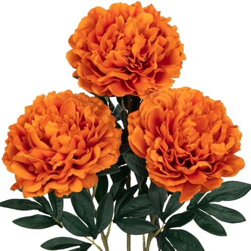 Briful 3PCS 74CM Künstliche Pfingstrosen Stiel Kunstblumen Wie Echt, Künstliche Rosen Orange Pfingstrosen,Vintage Künstliche Blumen Bouquet für Braut Hochzeit Home Party Blumengesteck